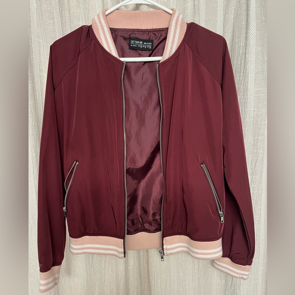 Cotton On Burgundy/Pink Bomber Jacket - small
